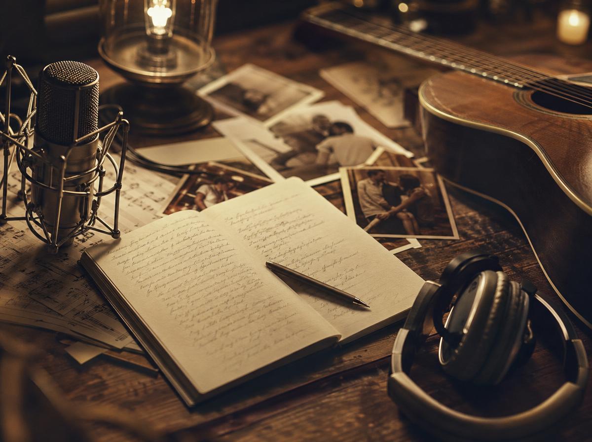 Теплая студийная сцена с блокнотом, микрофоном и семейными фото для статьи о песне по истории из жизни