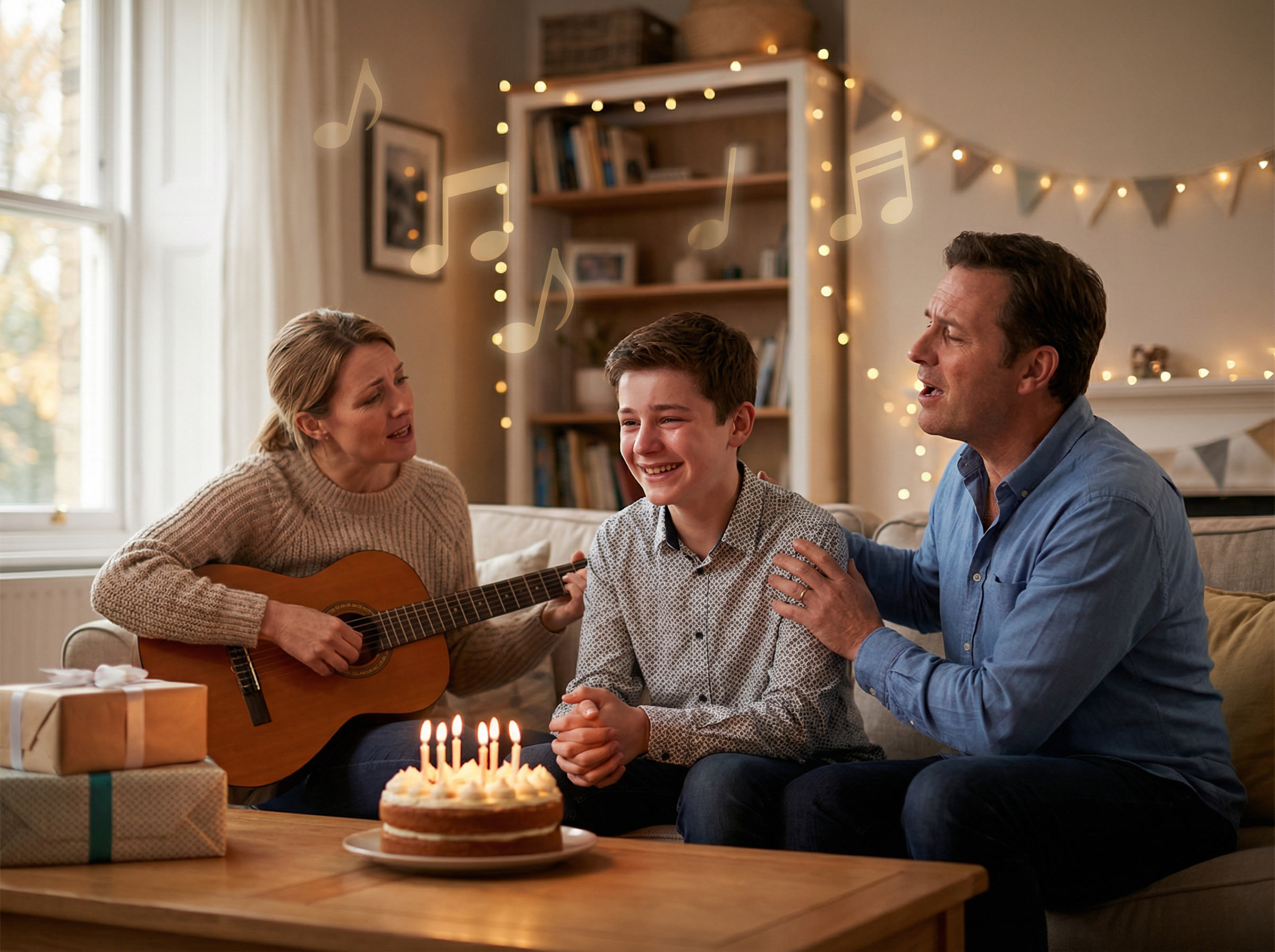 Родители дарят сыну музыкальный сюрприз на дне рождения