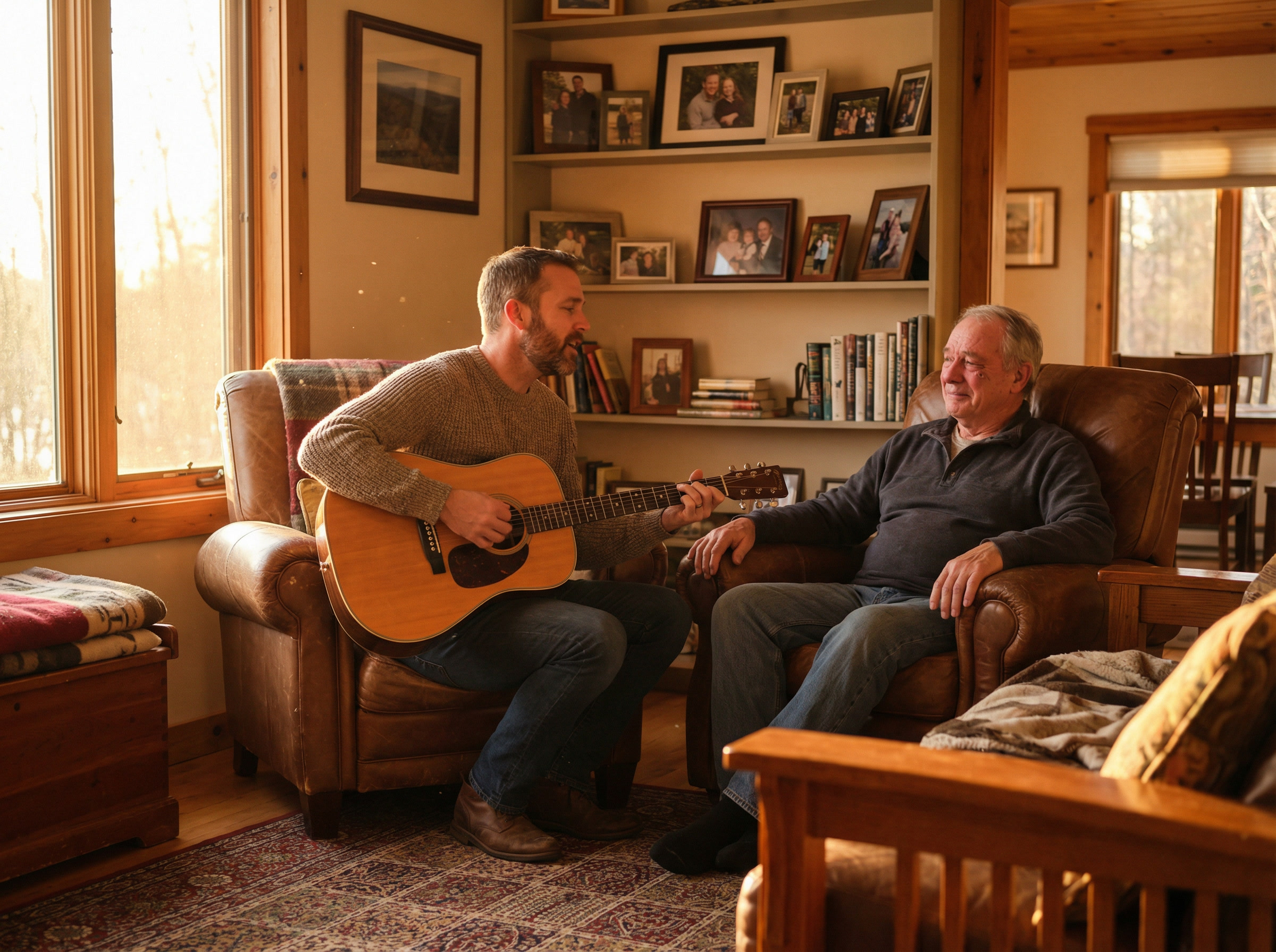 Сын или дочь дарит папе трогательную песню в теплой домашней атмосфере