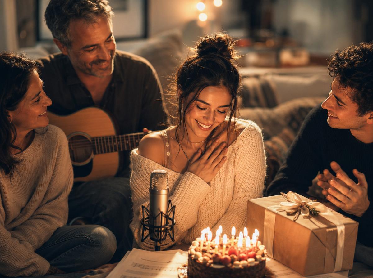 Девушка слушает персональную песню для сестры на день рождения в уютной праздничной обстановке