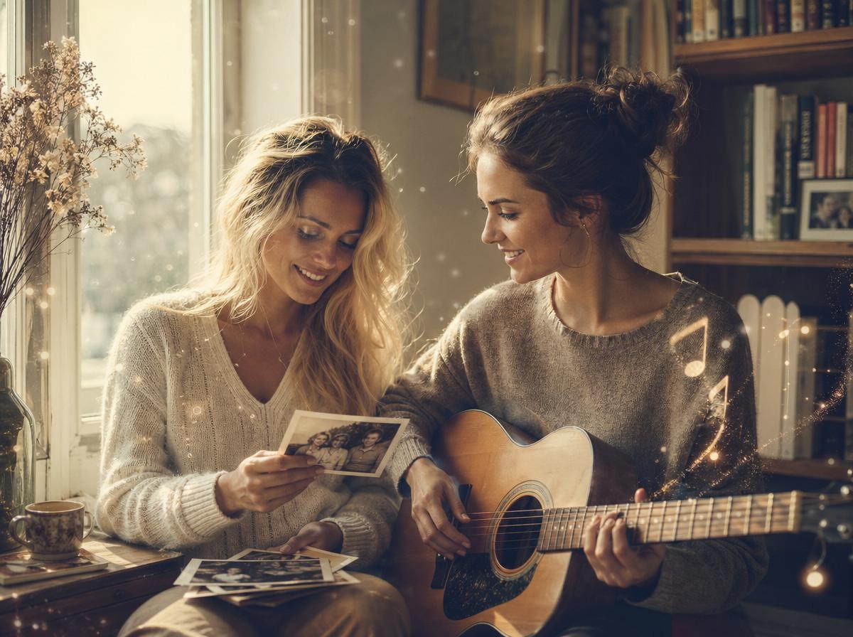 Две сестры слушают музыку и рассматривают семейные фотографии
