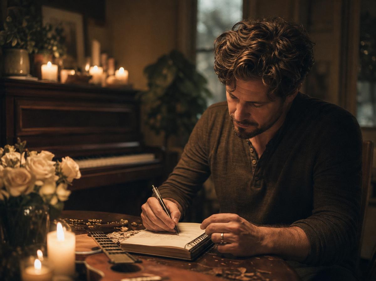 Мужчина сочиняет романтическую песню для жены при свечах