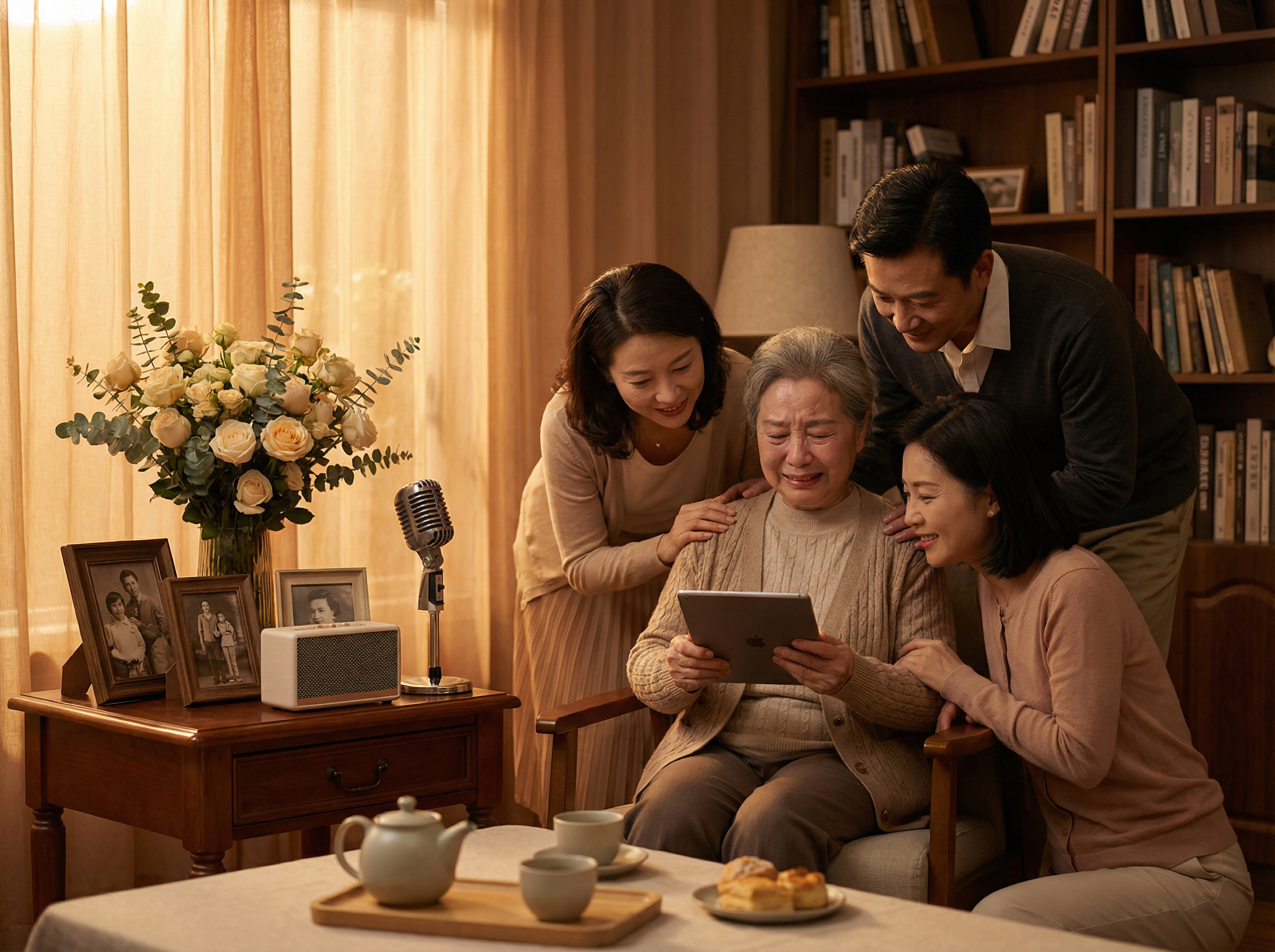 Бабушка слушает персональную песню от семьи в уютной комнате