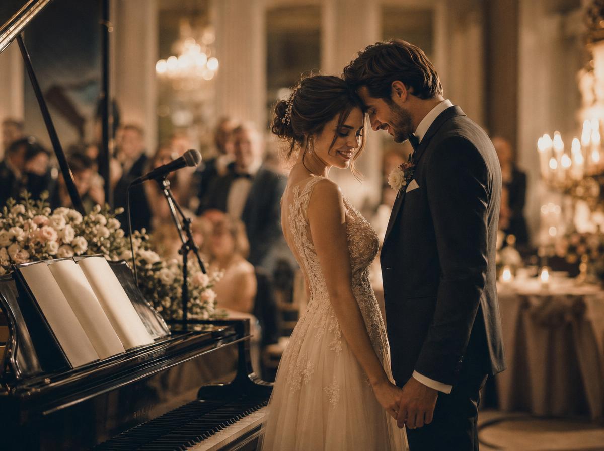 Молодожены у пианино и микрофона для статьи о песне на свадьбу
