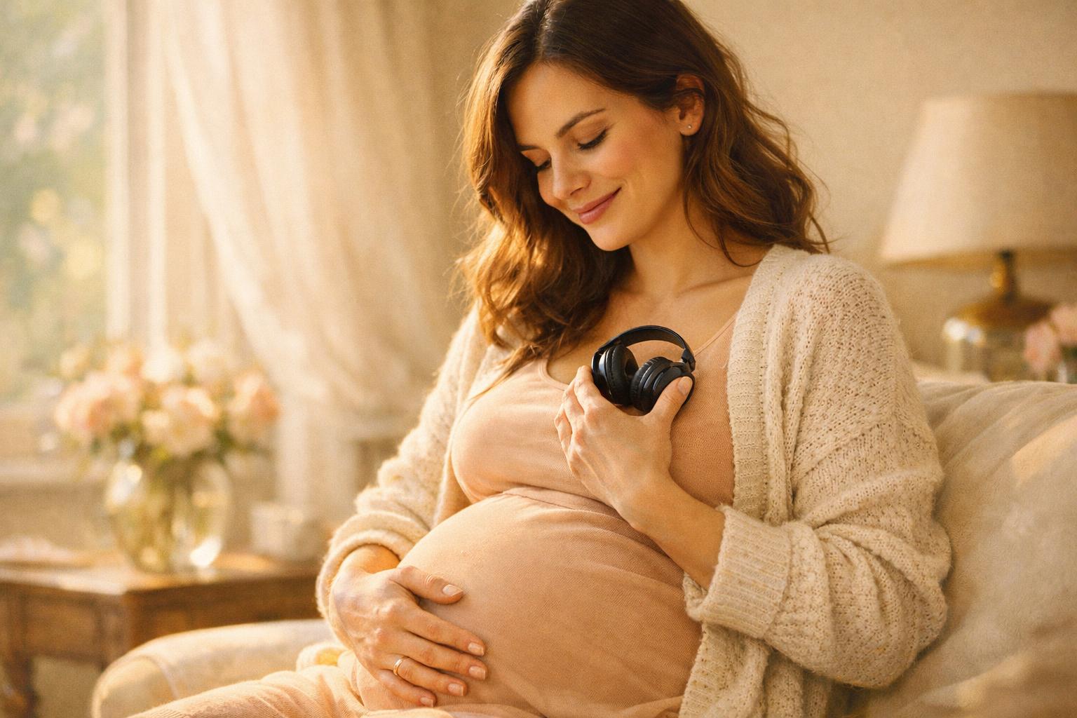 Беременная женщина слушает персональную песню с улыбкой