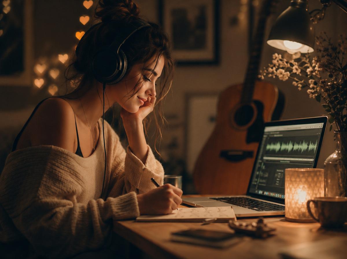 Девушка готовит трек на заказ для любимого в уютной комнате