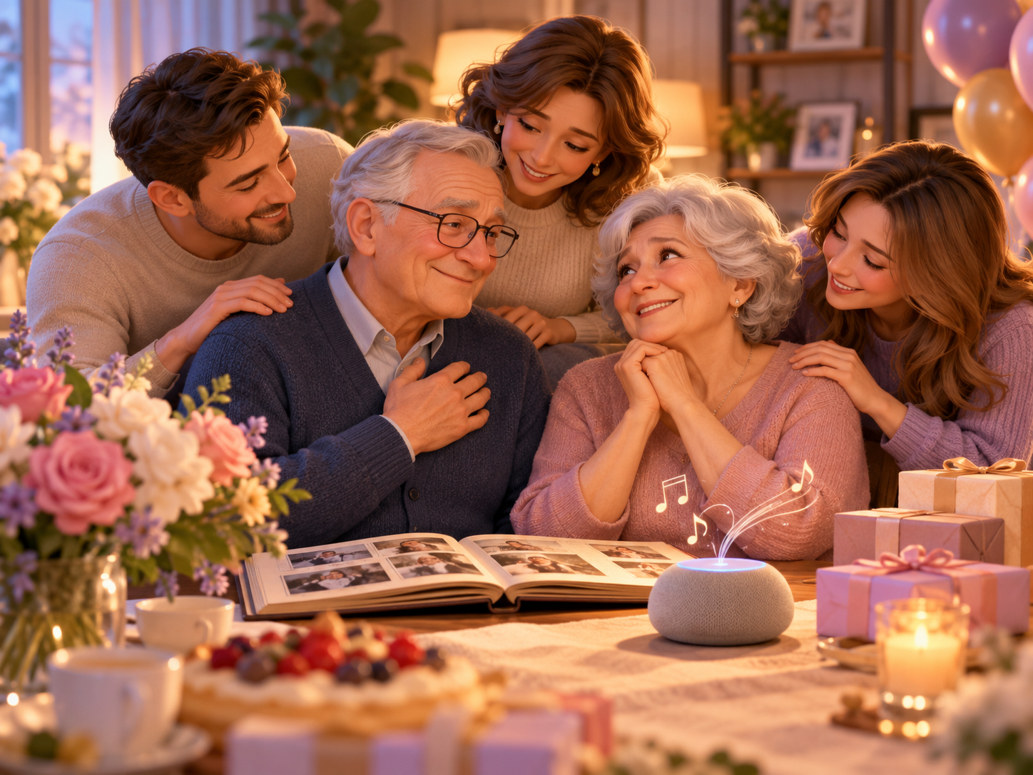 Родители около 70 лет слушают семейный музыкальный подарок за праздничным столом вместе со взрослыми детьми